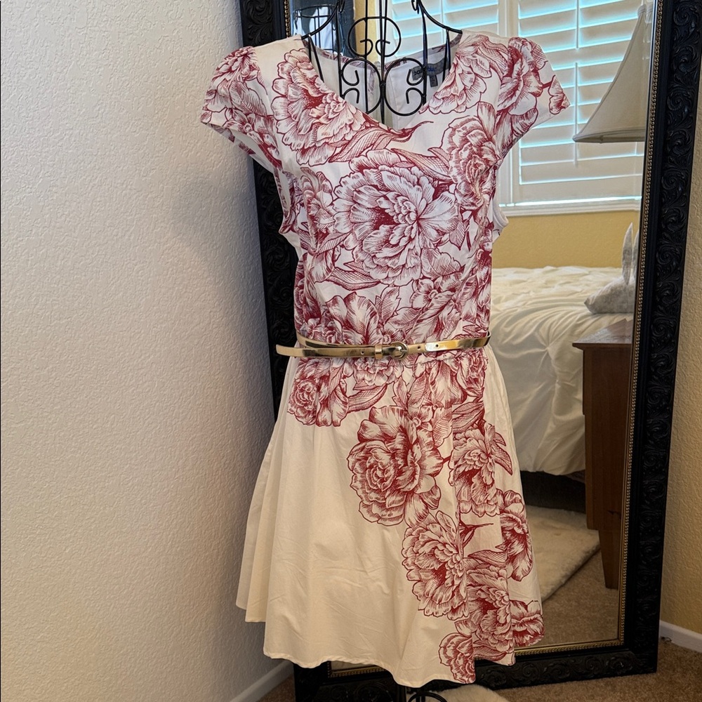 Bailey Blue Red and White Floral Dress with gold belt